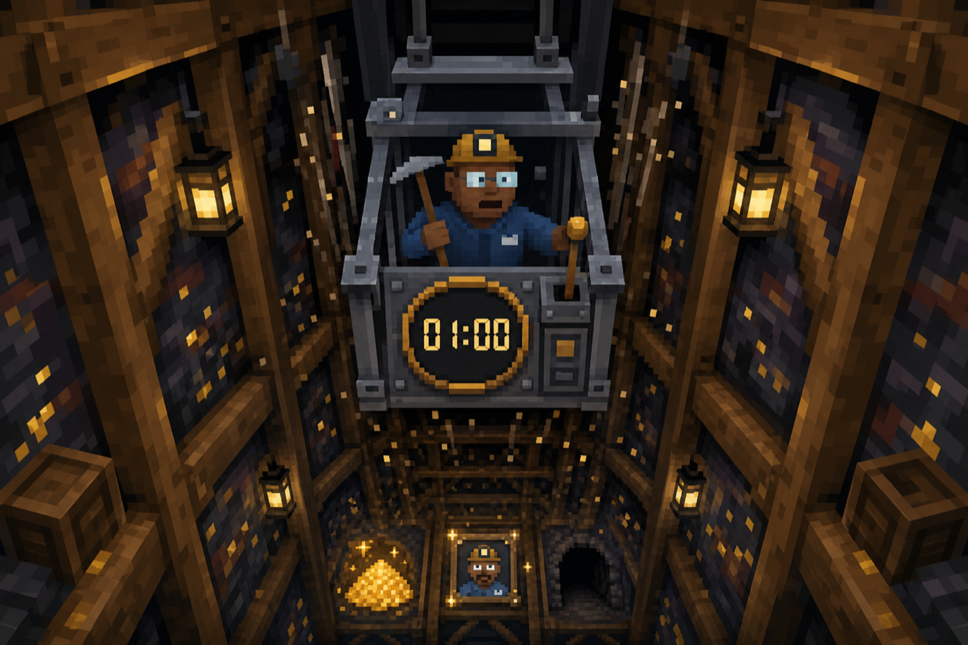 A PayDirt Miner riding a cage through a one-minute underground venture toward PAYDIRT, a Miner NFT, or an empty tunnel.